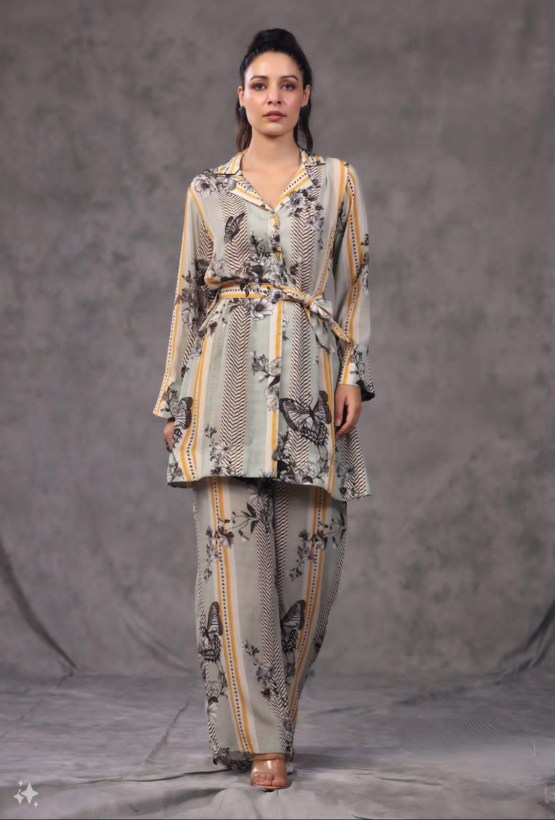 Butterfly Muse – Beige & Green Striped Floral Coord Set Nivishas - Sec46