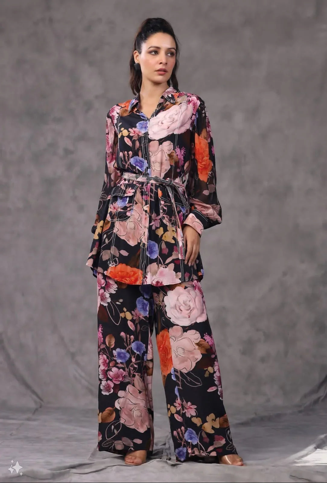 Rosé Noir – Black Multicolor Floral Print Designer Coord Set Nivishas - Sec46