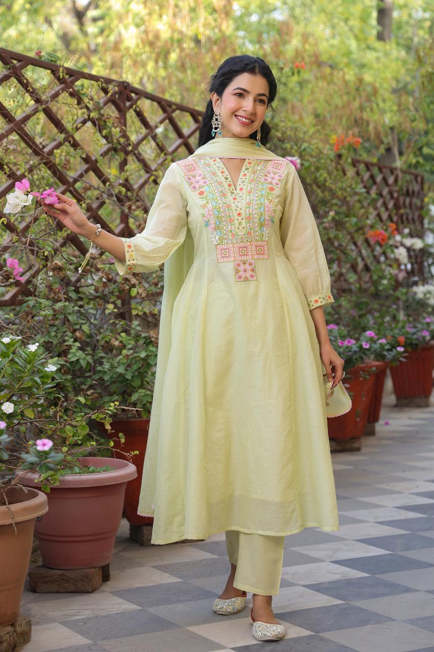 Amira – Pastel Green Embroidered Kurta Set with Geometric Yoke Nivishas - Sec46