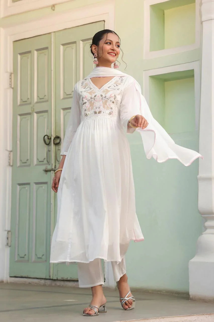 Aurevia – White Chikankari Embroidered Anarkali with Pants & Dupatta Nivishas - Sec46