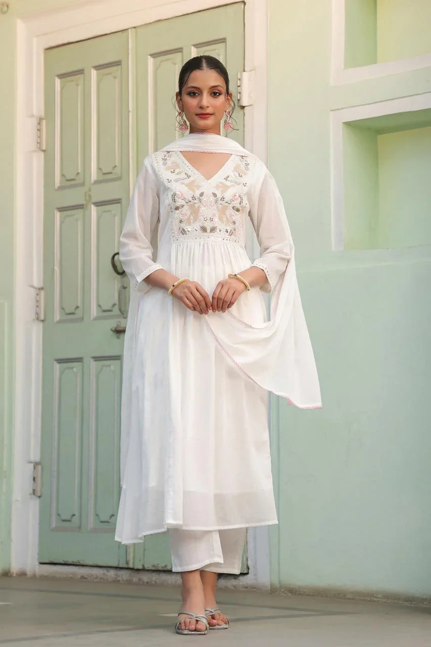 Aurevia – White Chikankari Embroidered Anarkali with Pants & Dupatta Nivishas - Sec46