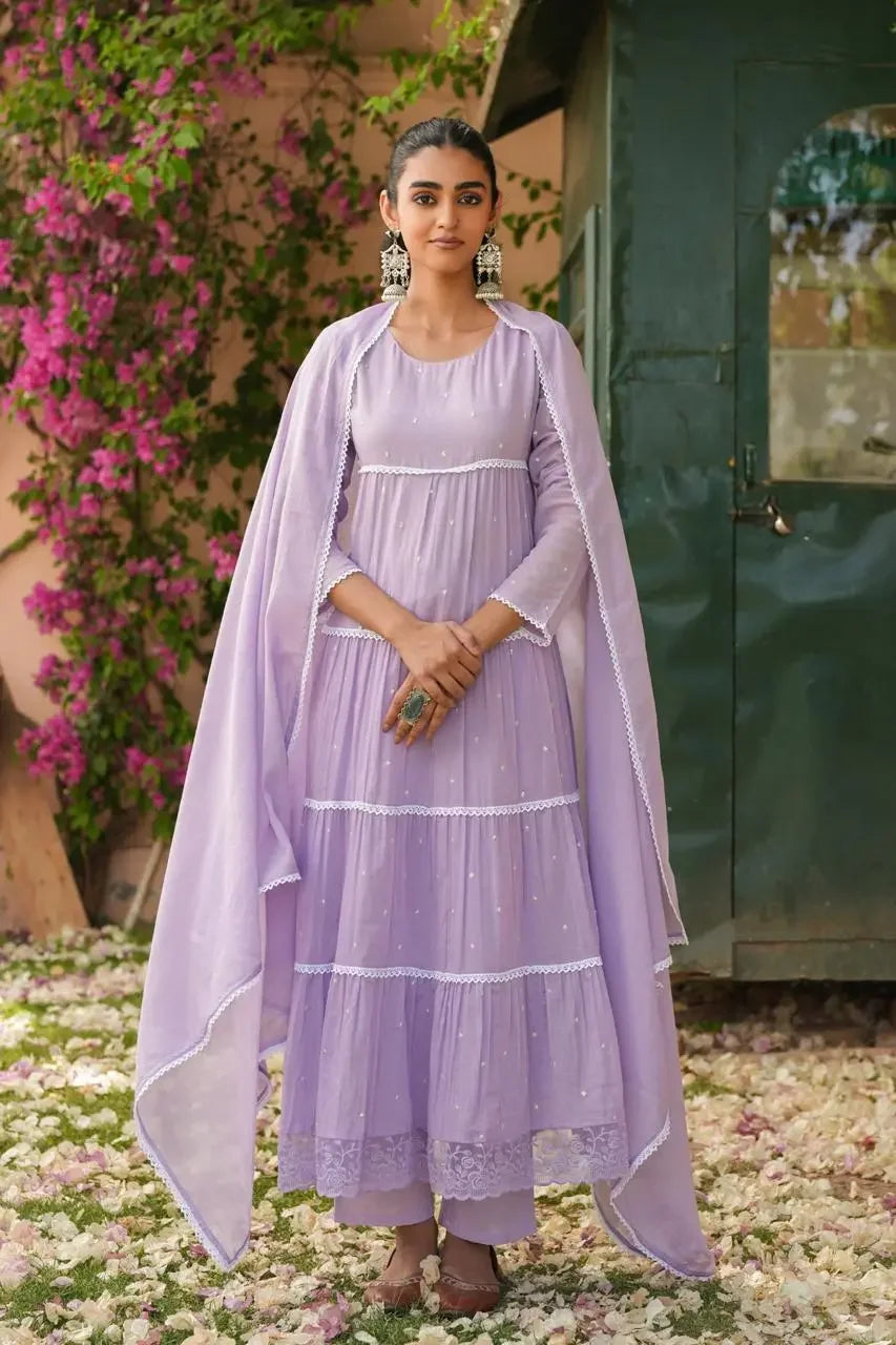 Vyana – Lavender Tiered Anarkali Kurta Set Light Color Nivishas - Sec46