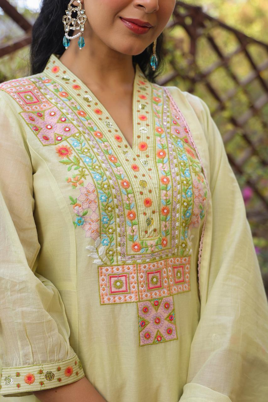 Amira – Pastel Green Embroidered Kurta Set with Geometric Yoke Nivishas - Sec46