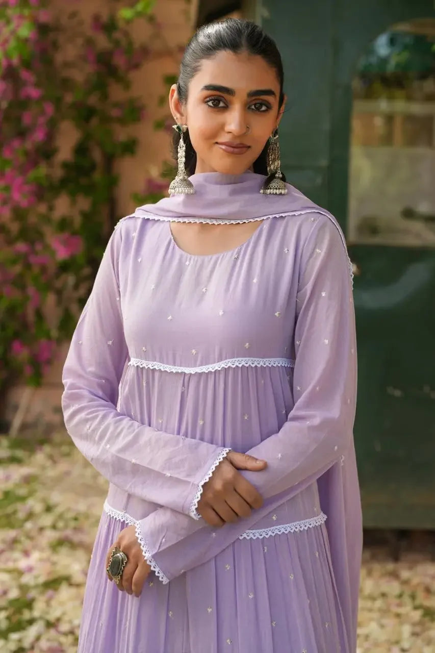 Vyana – Lavender Tiered Anarkali Kurta Set Light Color Nivishas - Sec46