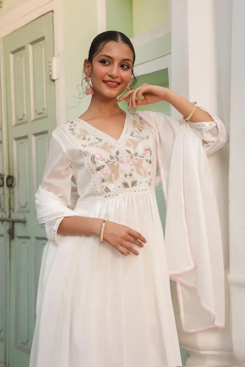 Aurevia – White Chikankari Embroidered Anarkali with Pants & Dupatta Nivishas - Sec46
