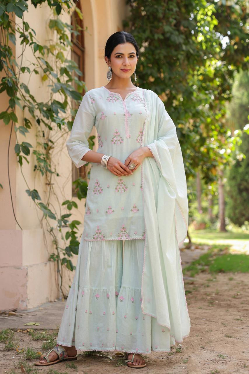 Larae – Mint Green Floral Embroidered Kurta with Tiered Sharara Nivishas - Sec46