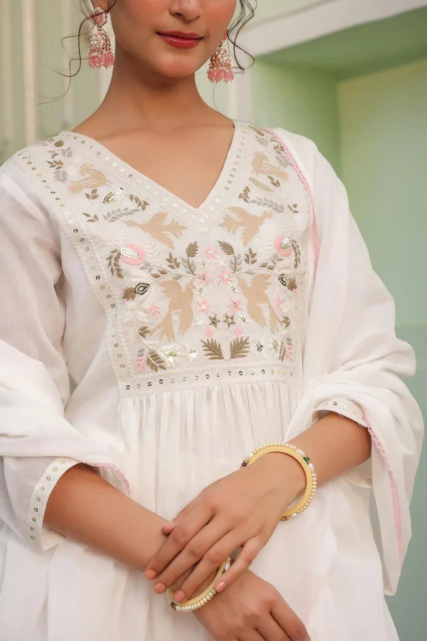 Aurevia – White Chikankari Embroidered Anarkali with Pants & Dupatta Nivishas - Sec46