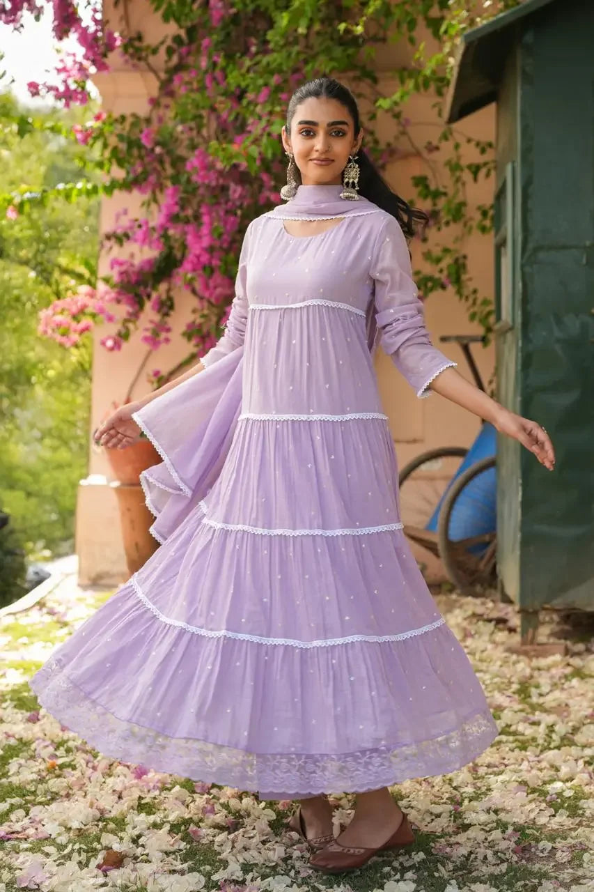 Vyana – Lavender Tiered Anarkali Kurta Set Light Color Nivishas - Sec46