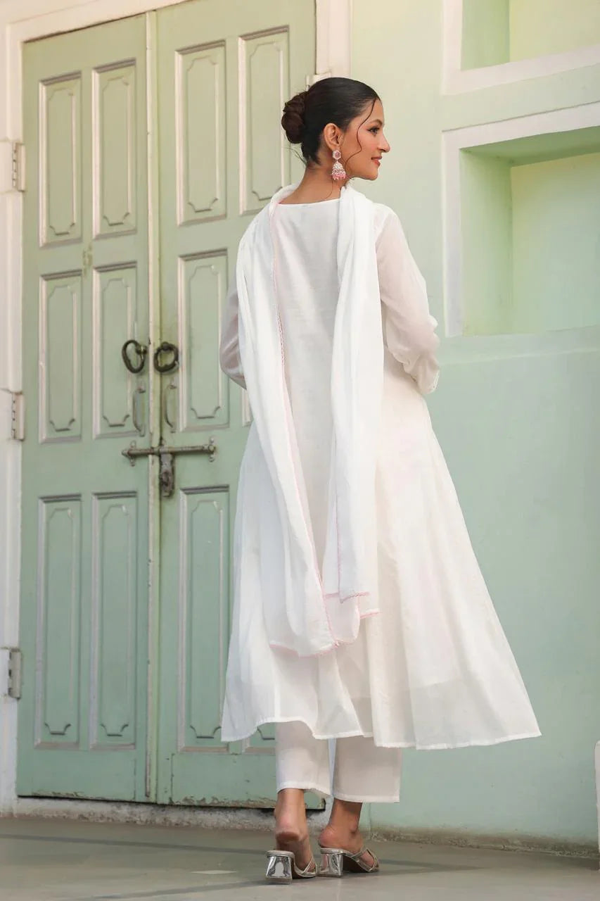 Aurevia – White Chikankari Embroidered Anarkali with Pants & Dupatta Nivishas - Sec46