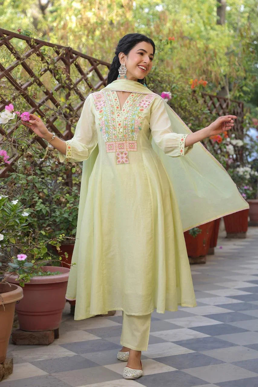 Amira – Pastel Green Embroidered Kurta Set with Geometric Yoke Nivishas - Sec46