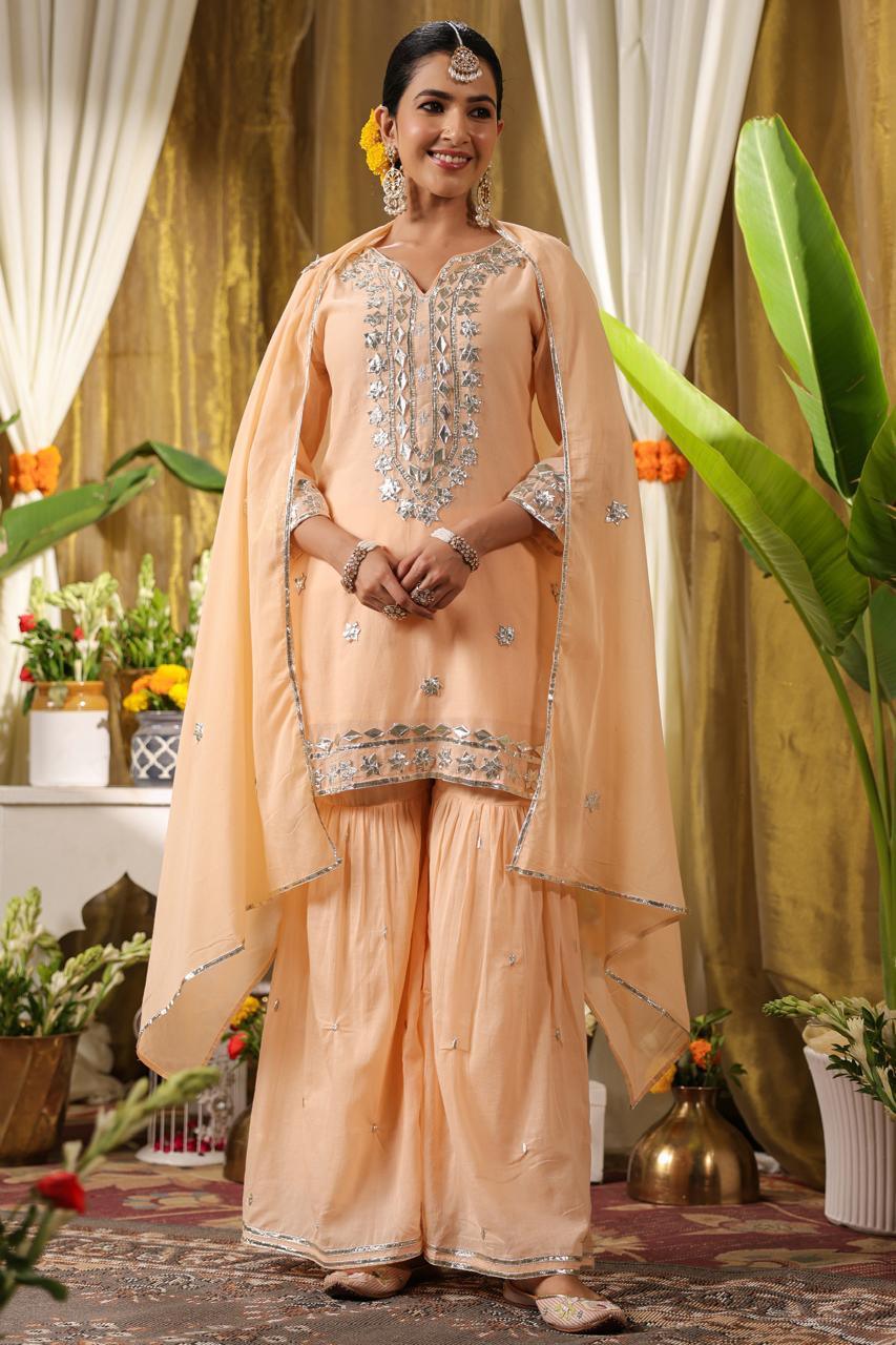 Mehira – Peach Gota Patti Sharara Suit Loveable Print Nivishas - Sec46