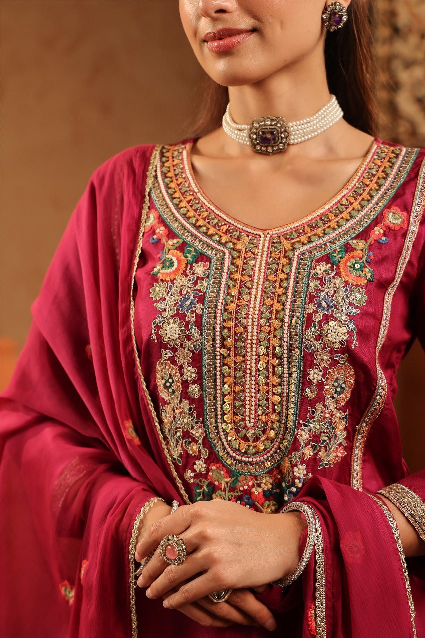 Crimson Radiance – Zari Bloom Suit Set