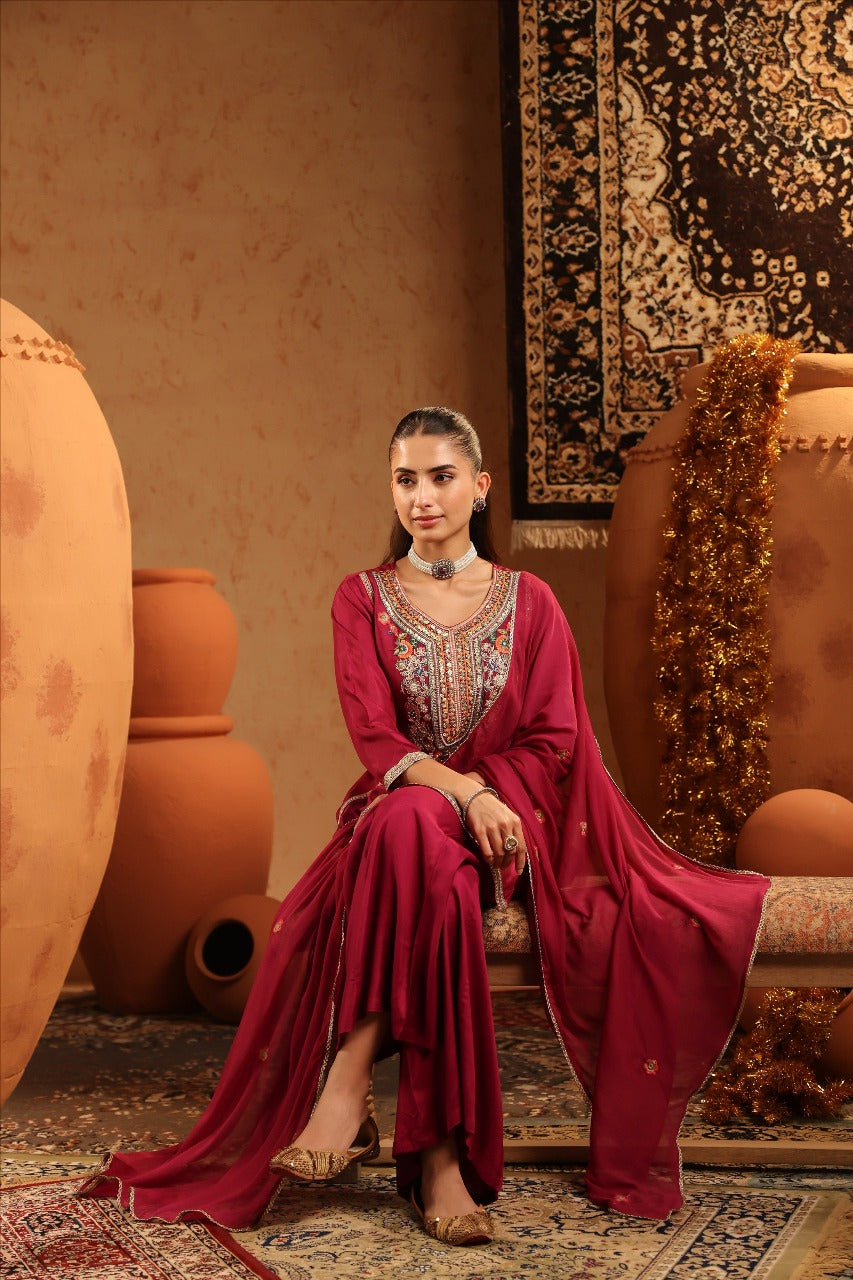 Crimson Radiance – Zari Bloom Suit Set