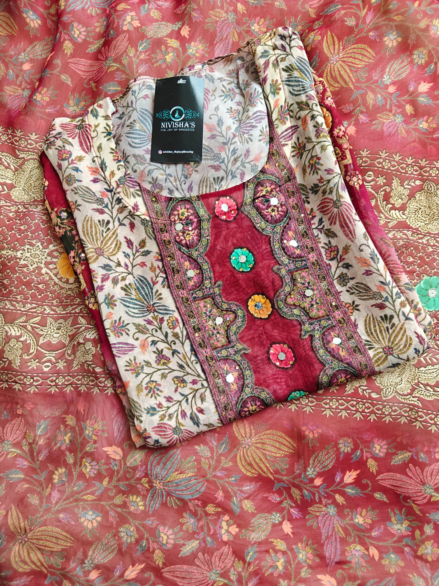 Mahira - Maroon Floral Unstitched Printed Suit Set - Nivisha's