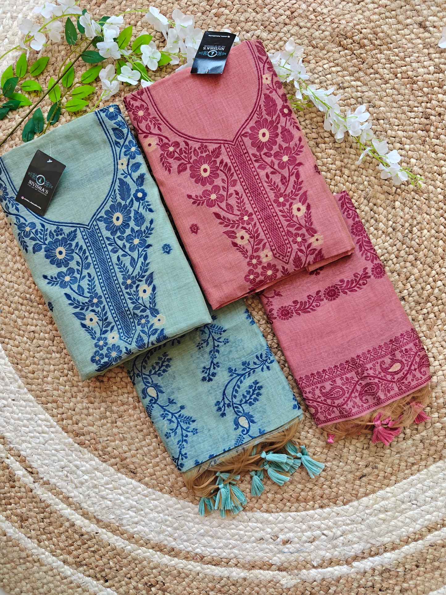 Azure Whispers – Threaded Bloom Unstitched Suit Set