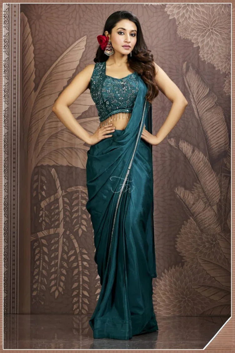 Teal Enchanté – Teal Embellished Designer Pre-Draped Saree Set Nivishas - Sec46