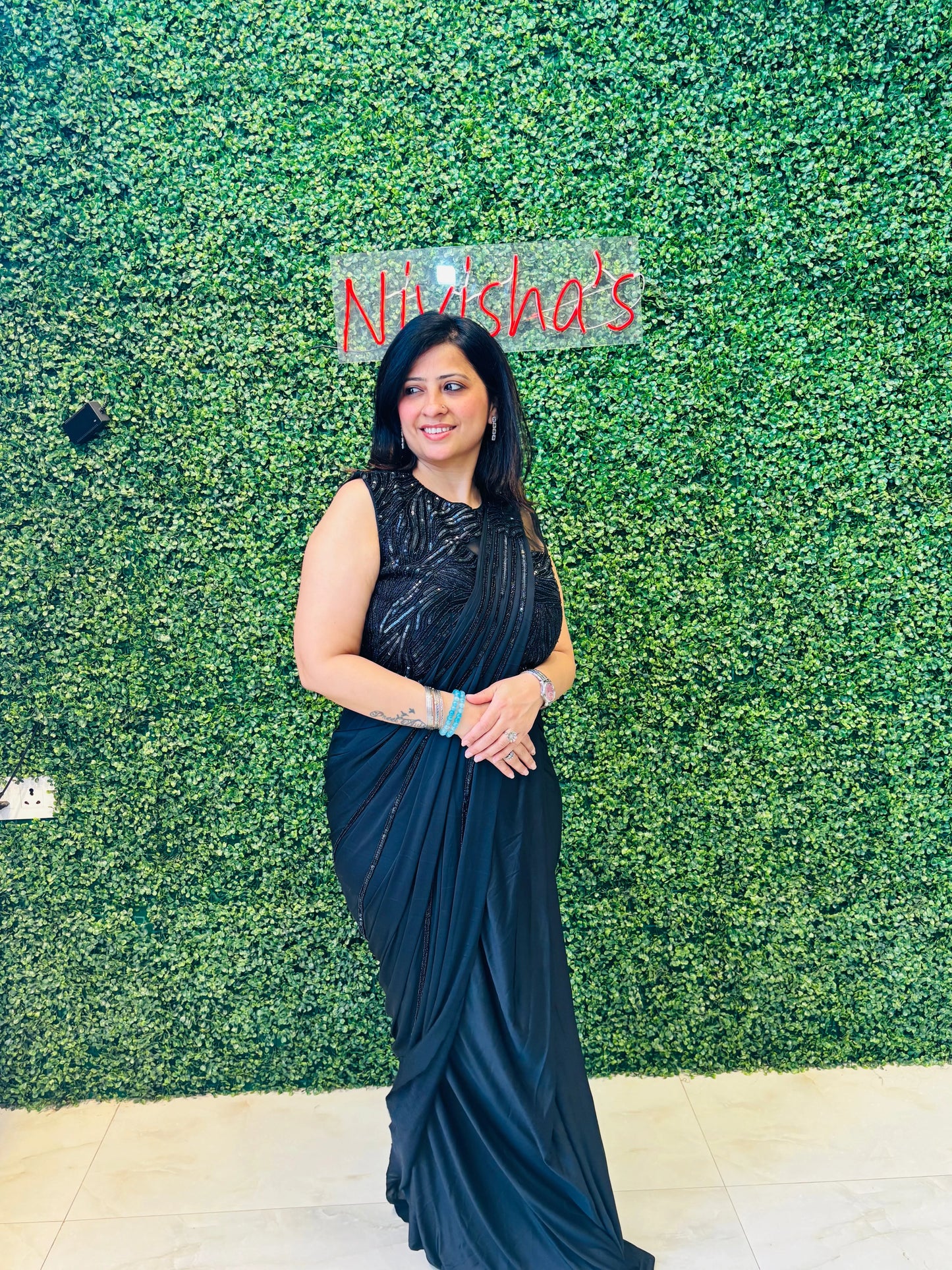 Midnight Spark – Black Sequined Designer Drape Saree Set Nivishas - Sec46