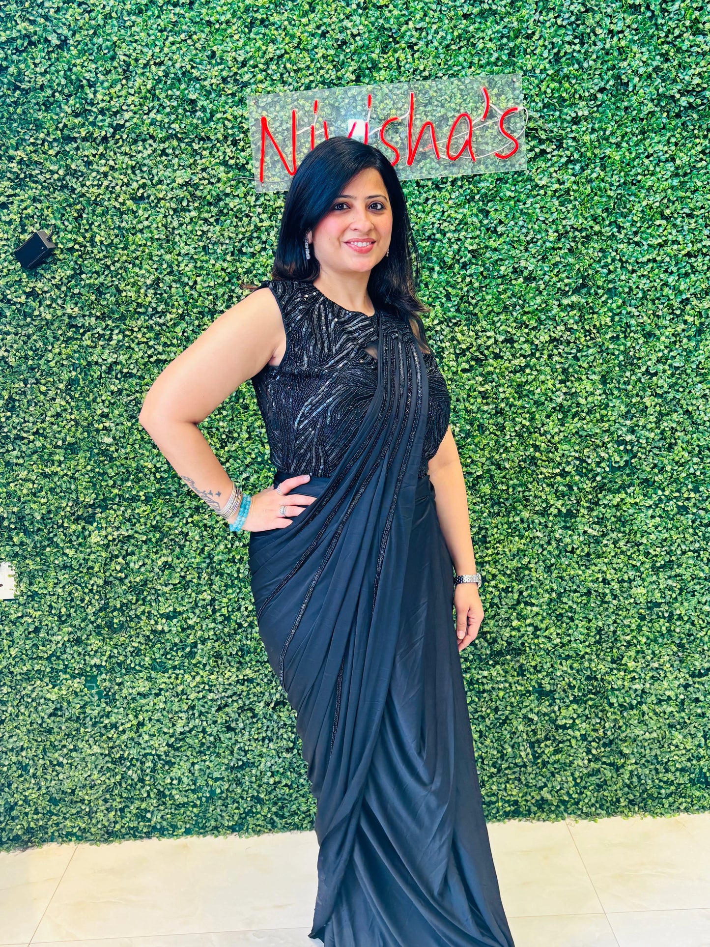 Midnight Spark – Black Sequined Designer Drape Saree Set Nivishas - Sec46