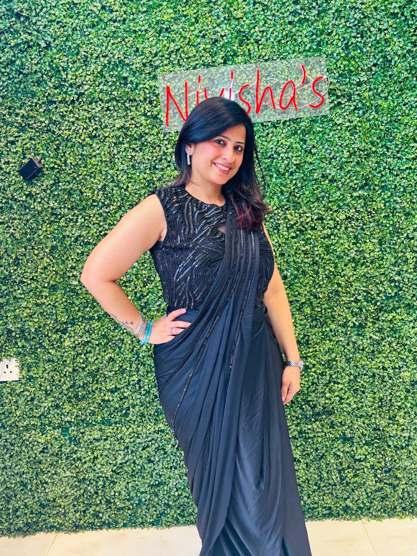 Midnight Spark – Black Sequined Designer Drape Saree Set Nivishas - Sec46