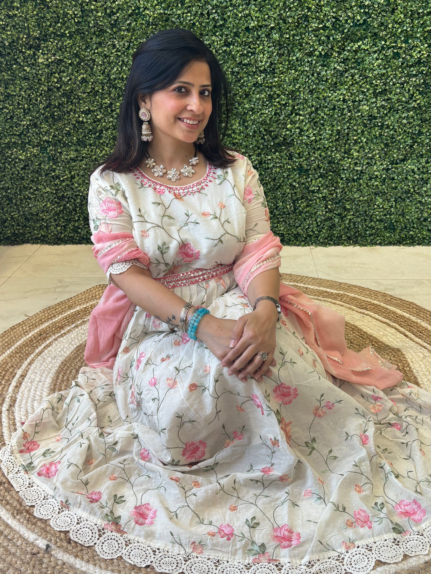 Elara – White & Pink Floral Printed Ethnic Gown Nivishas - Sec46