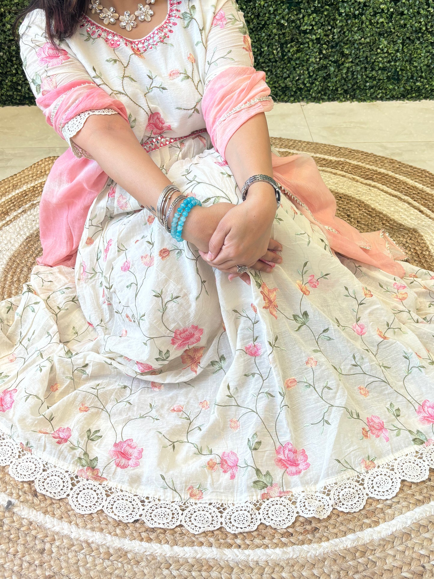 Elara – White & Pink Floral Printed Ethnic Gown Nivishas - Sec46