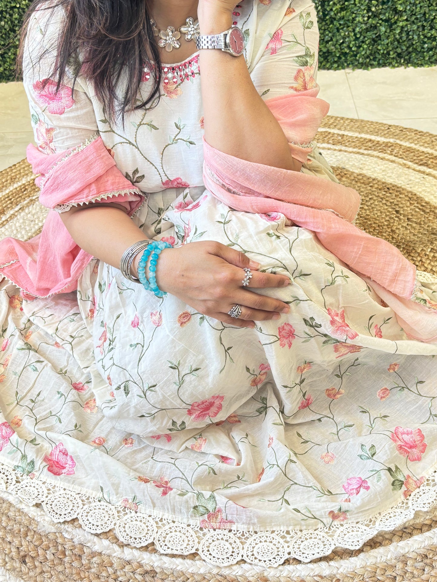 Elara – White & Pink Floral Printed Ethnic Gown Nivishas - Sec46