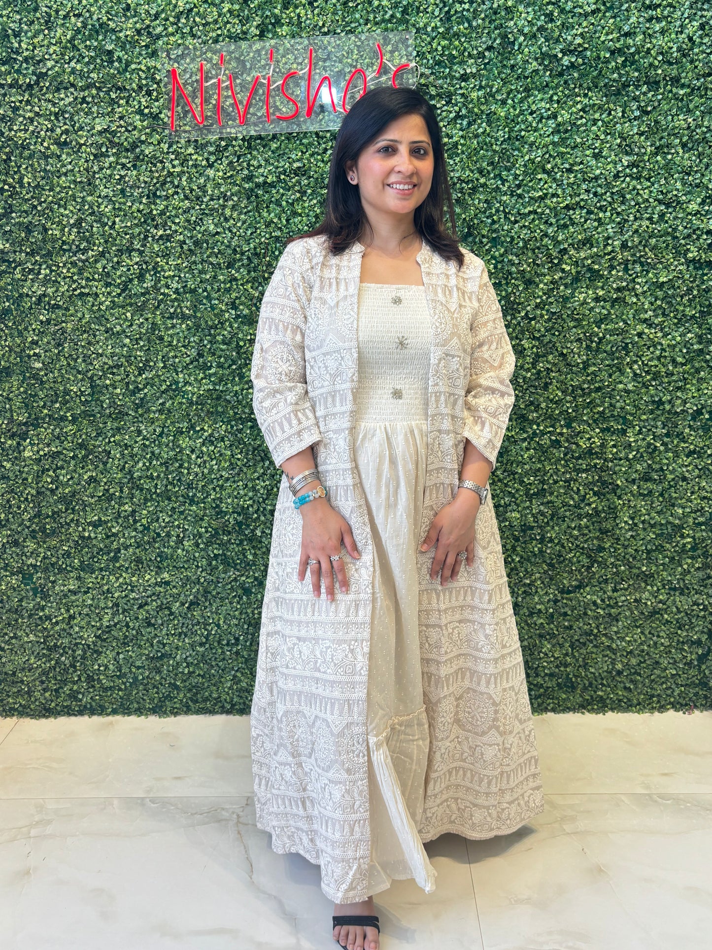 Ivory Layered Indo-Western Gown with Jacket Nivishas - Sec46