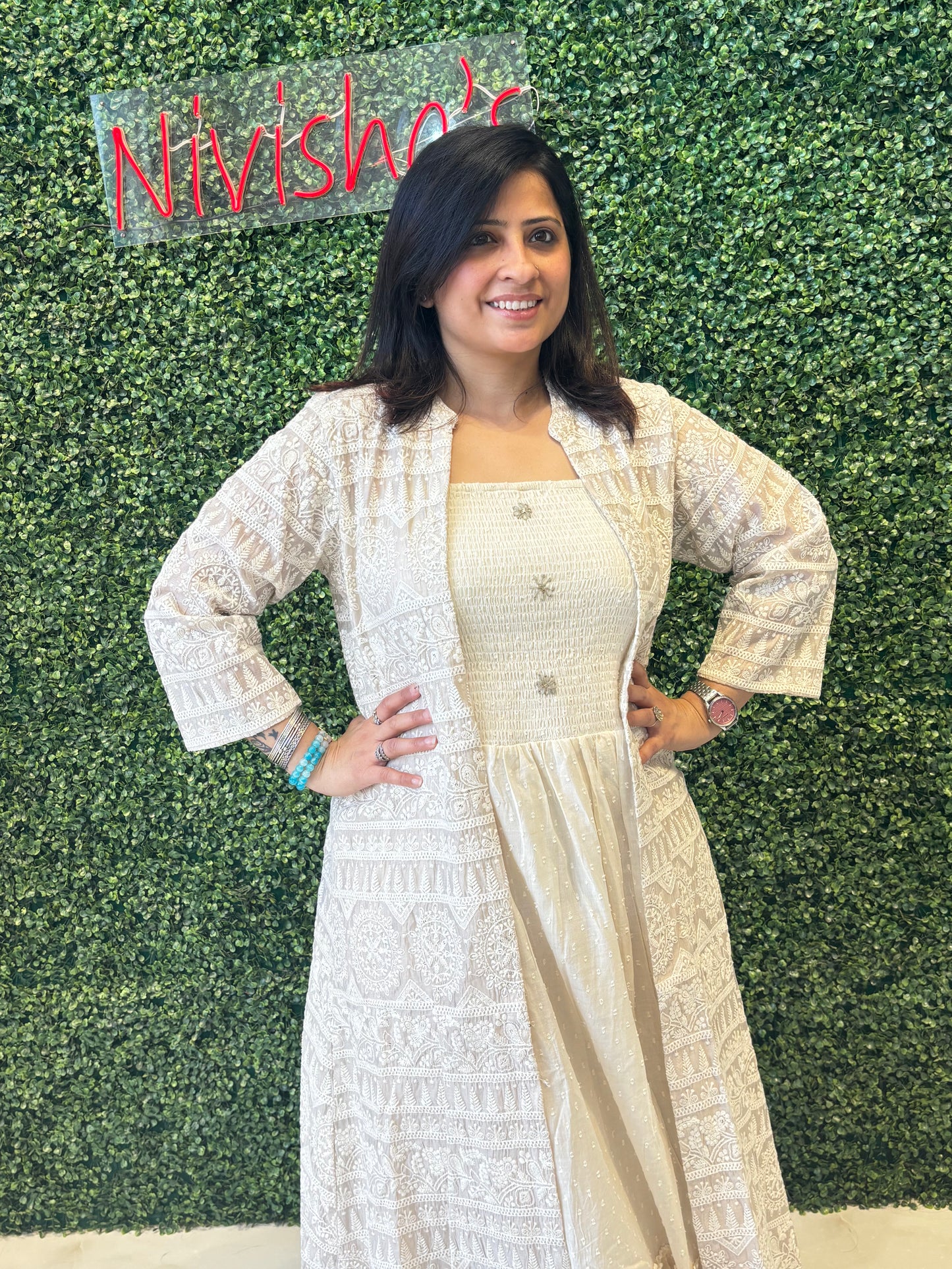 Ivory Layered Indo-Western Gown with Jacket Nivishas - Sec46