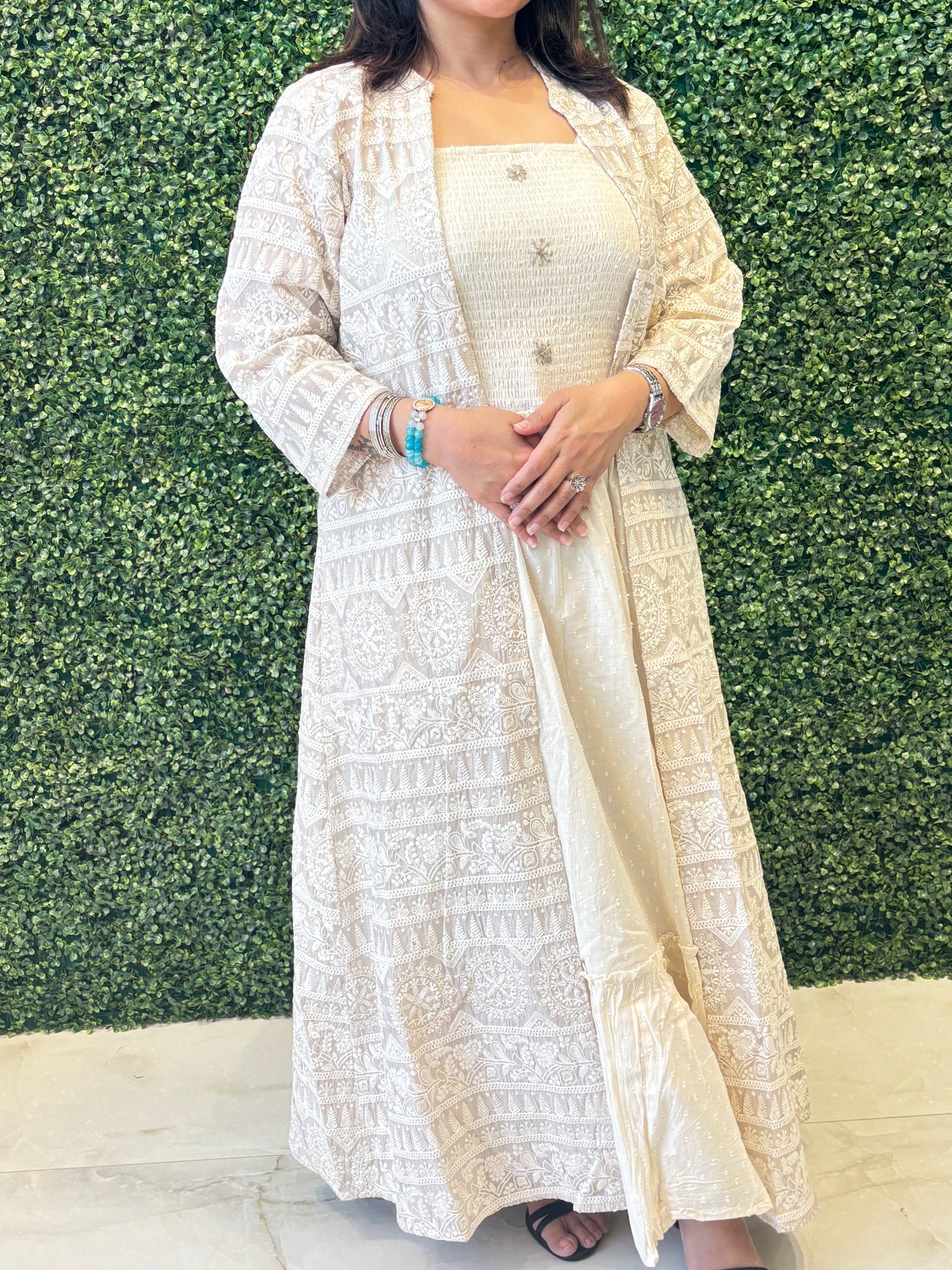 Ivory Layered Indo-Western Gown with Jacket Nivishas - Sec46