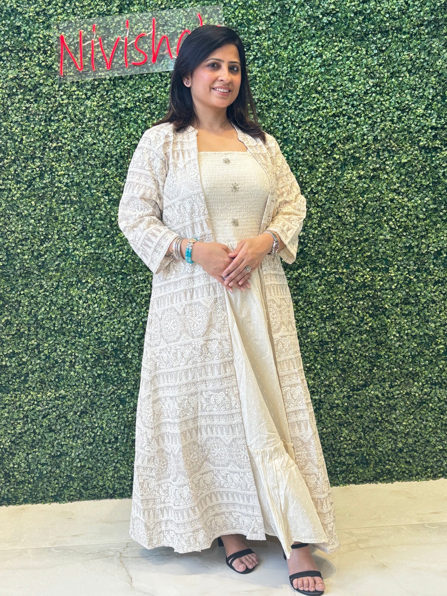 Ivory Layered Indo-Western Gown with Jacket Nivishas - Sec46