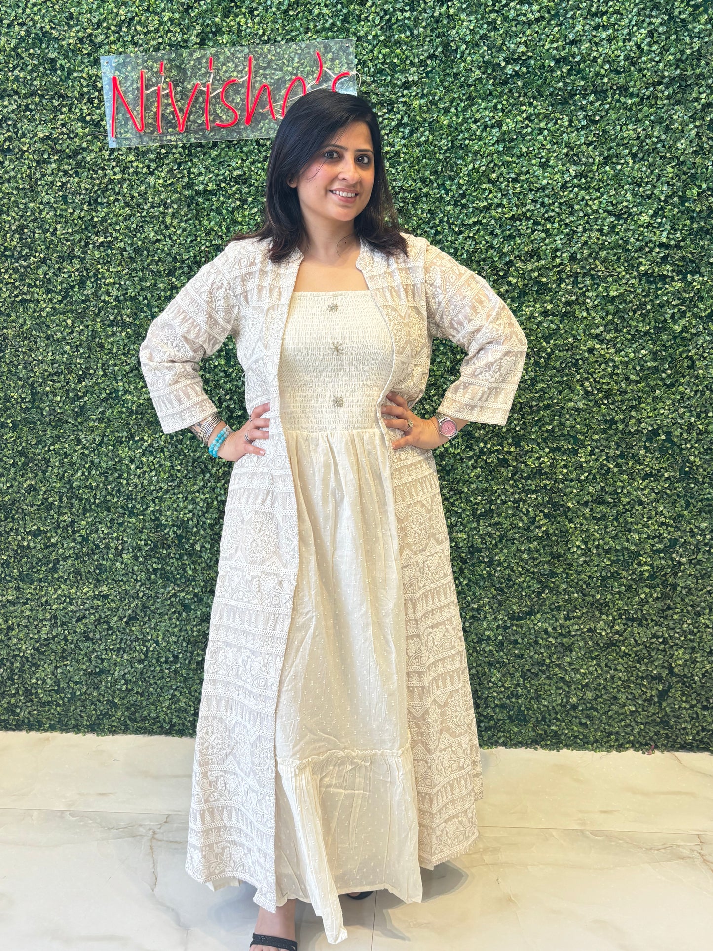 Ivory Layered Indo-Western Gown with Jacket Nivishas - Sec46