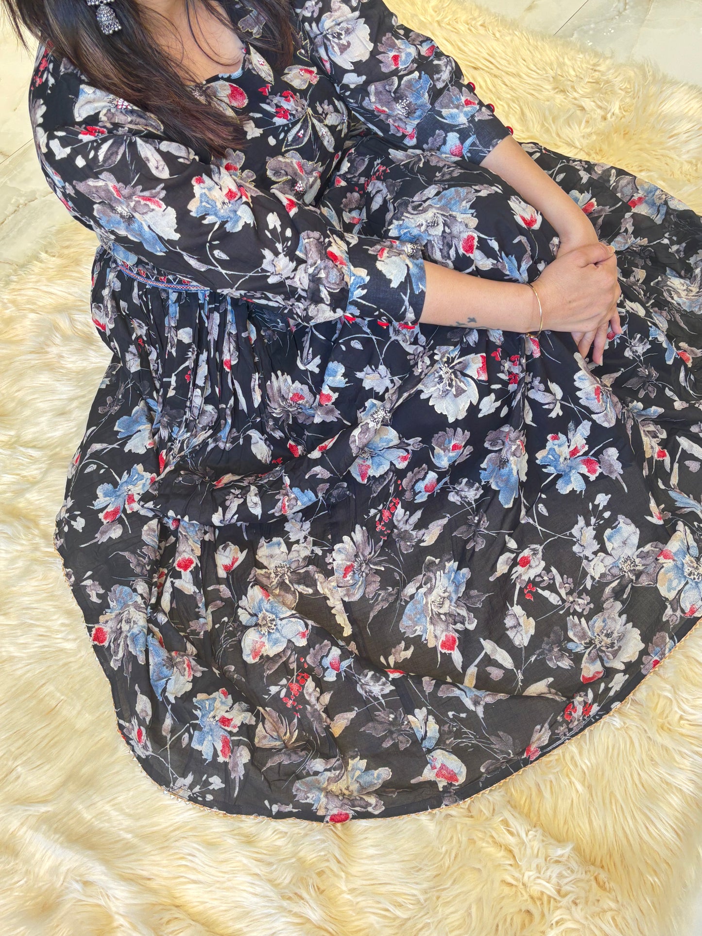 Selina – Black Floral Printed Ethnic Full-Sleeve Gown Nivishas - Sec46