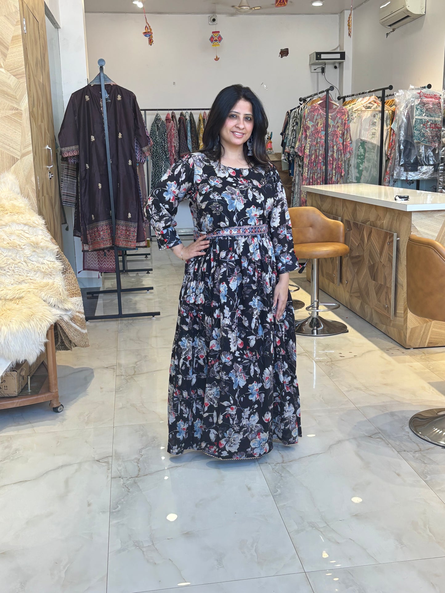 Selina – Black Floral Printed Ethnic Full-Sleeve Gown Nivishas - Sec46