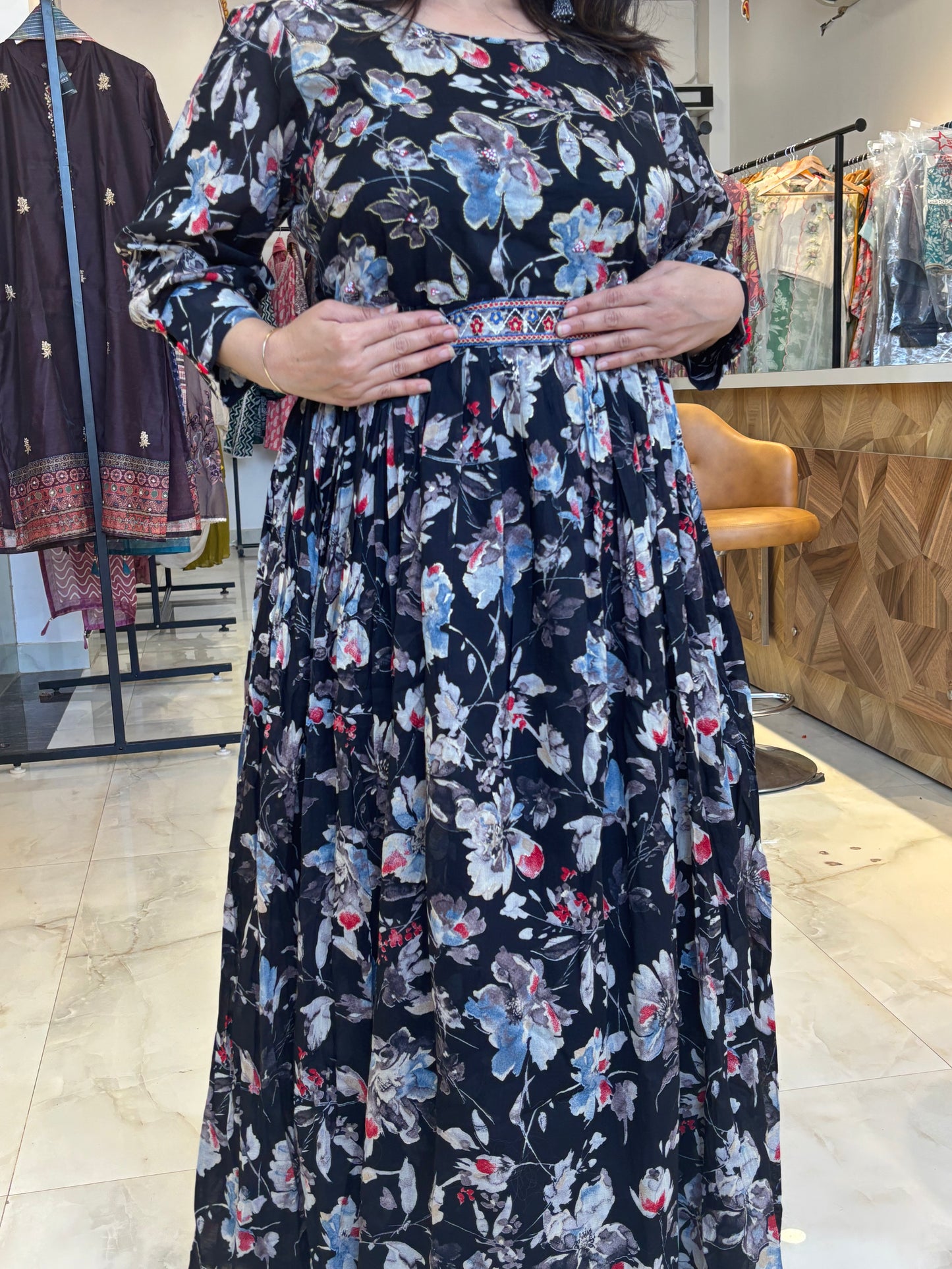 Selina – Black Floral Printed Ethnic Full-Sleeve Gown Nivishas - Sec46