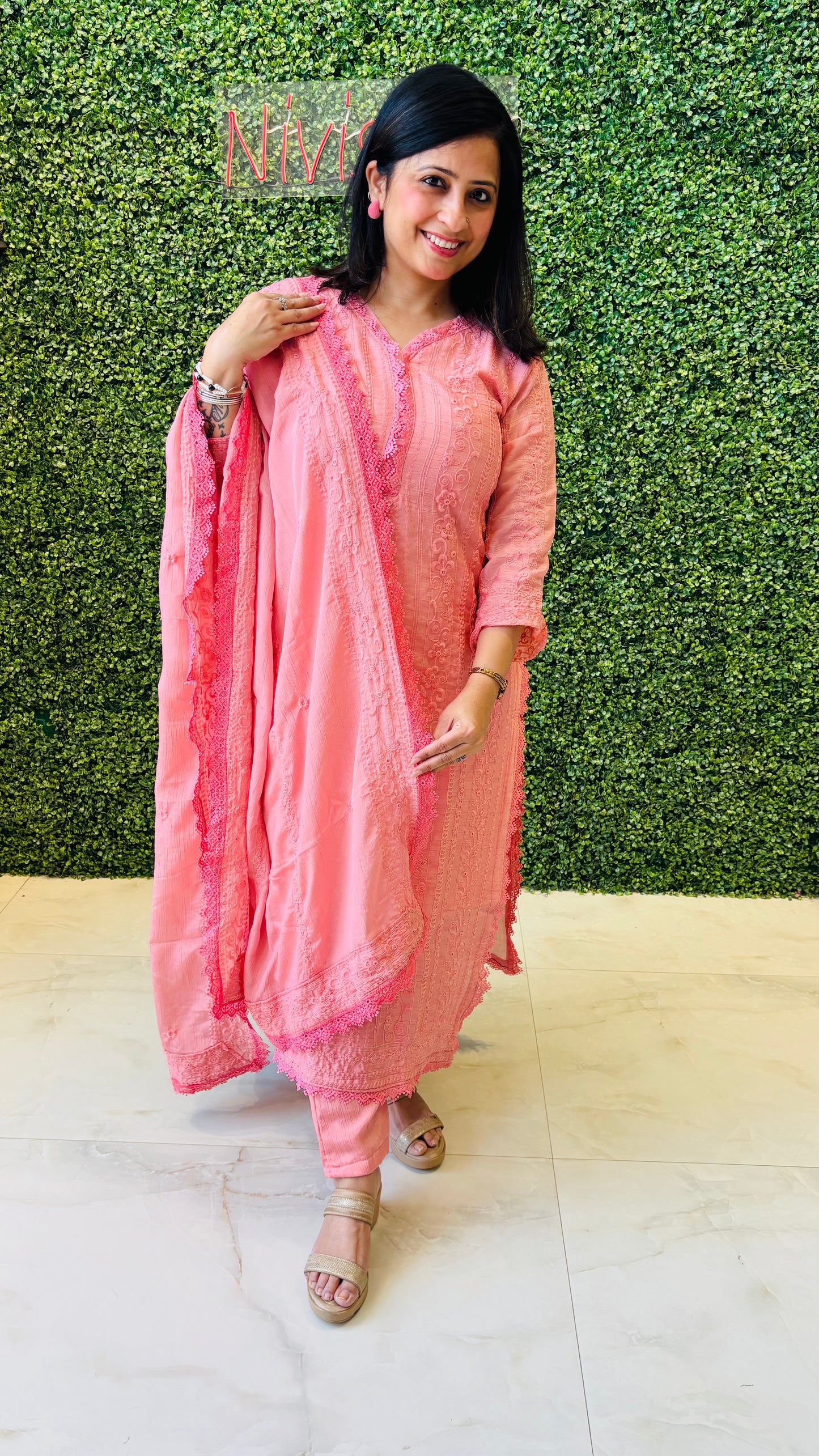 Soraya – Peach Pink Chikankari Kurta Set with Crochet Lace Nivishas - Sec46