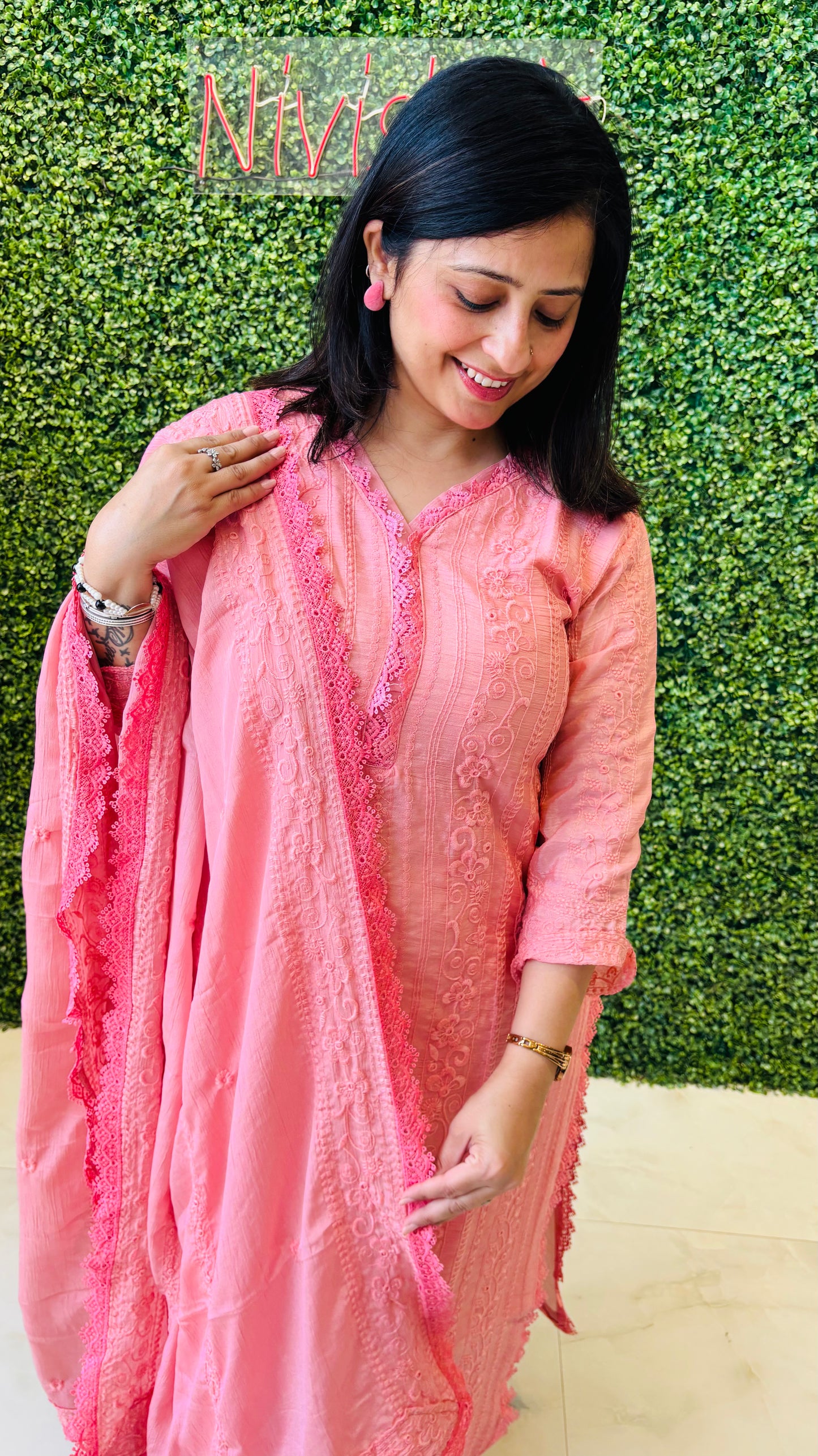 Soraya – Peach Pink Chikankari Kurta Set with Crochet Lace Nivishas - Sec46