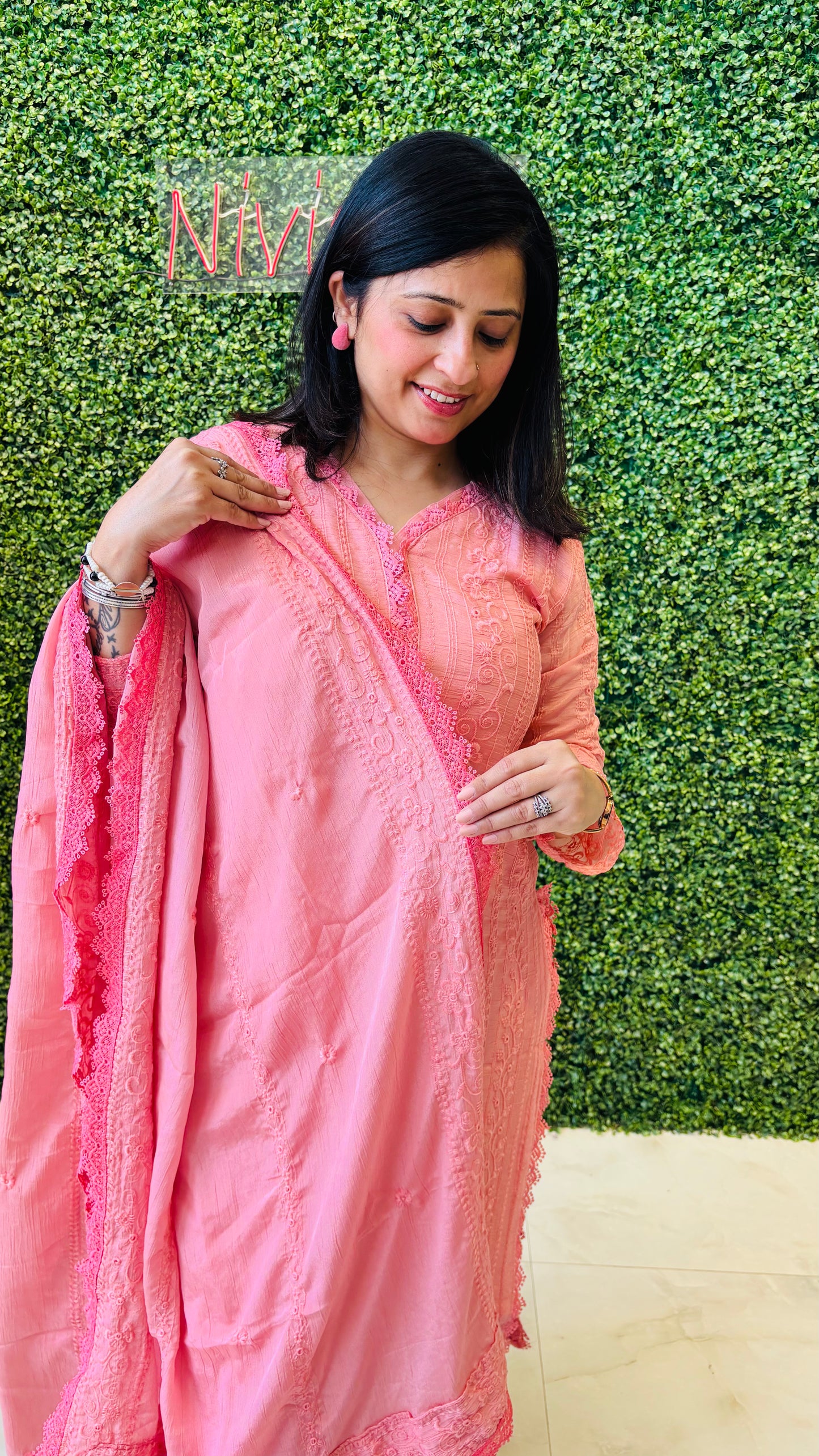 Soraya – Peach Pink Chikankari Kurta Set with Crochet Lace Nivishas - Sec46