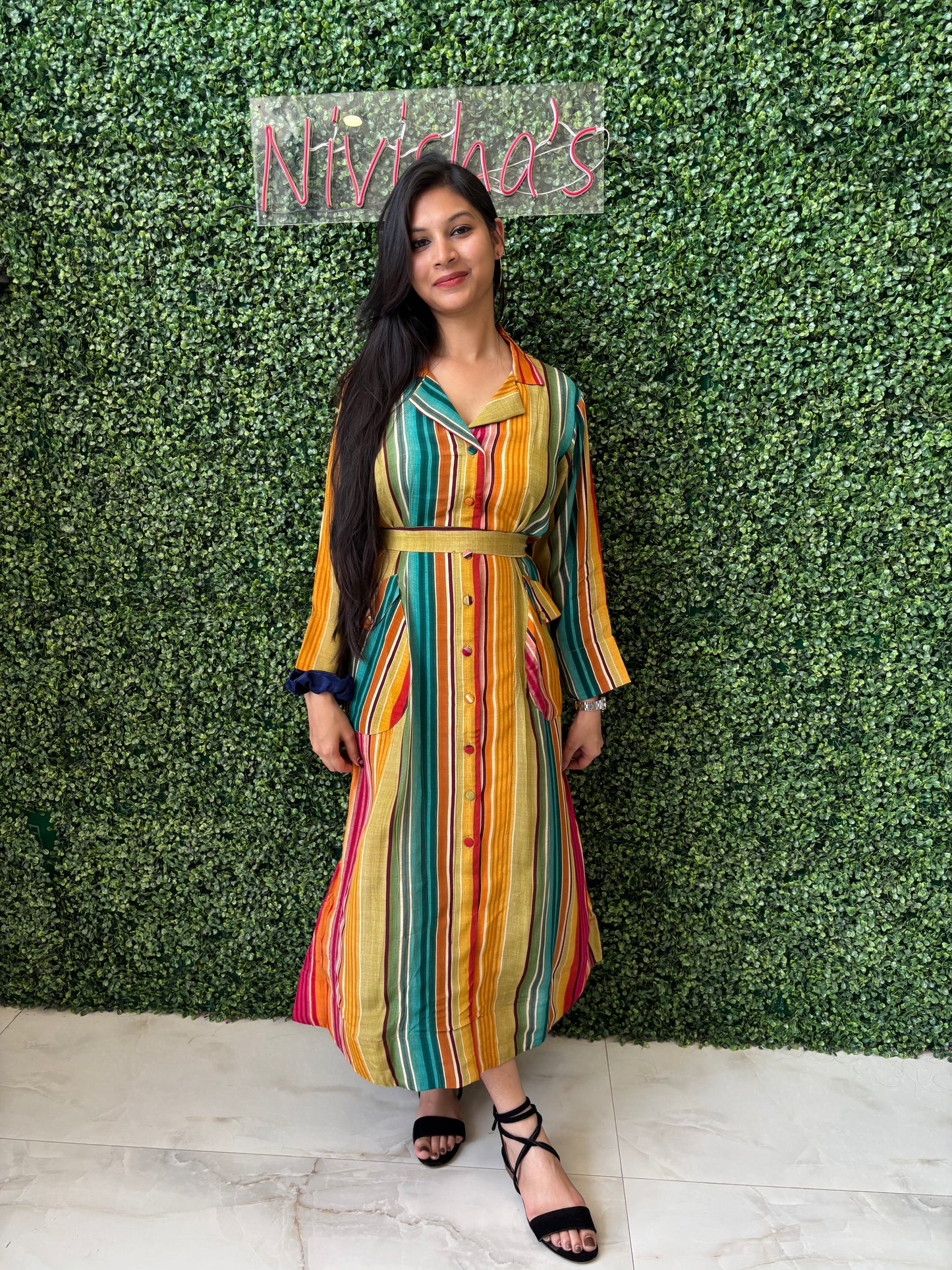 Marina – Multicolor Striped Belted Shirt Dress Nivishas - Sec46