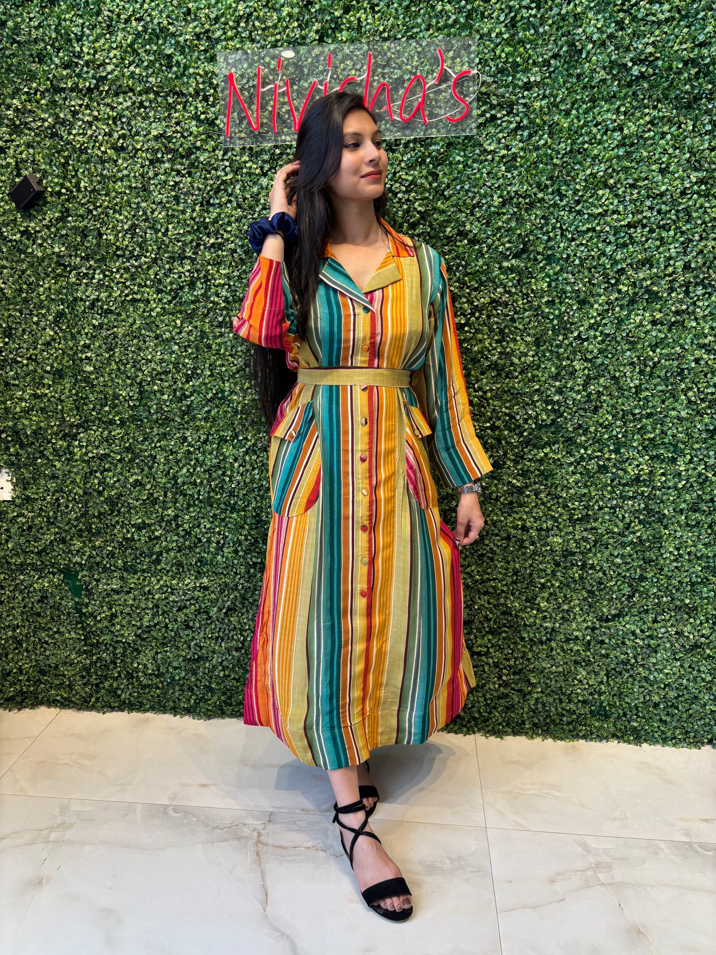 Marina – Multicolor Striped Belted Shirt Dress Nivishas - Sec46