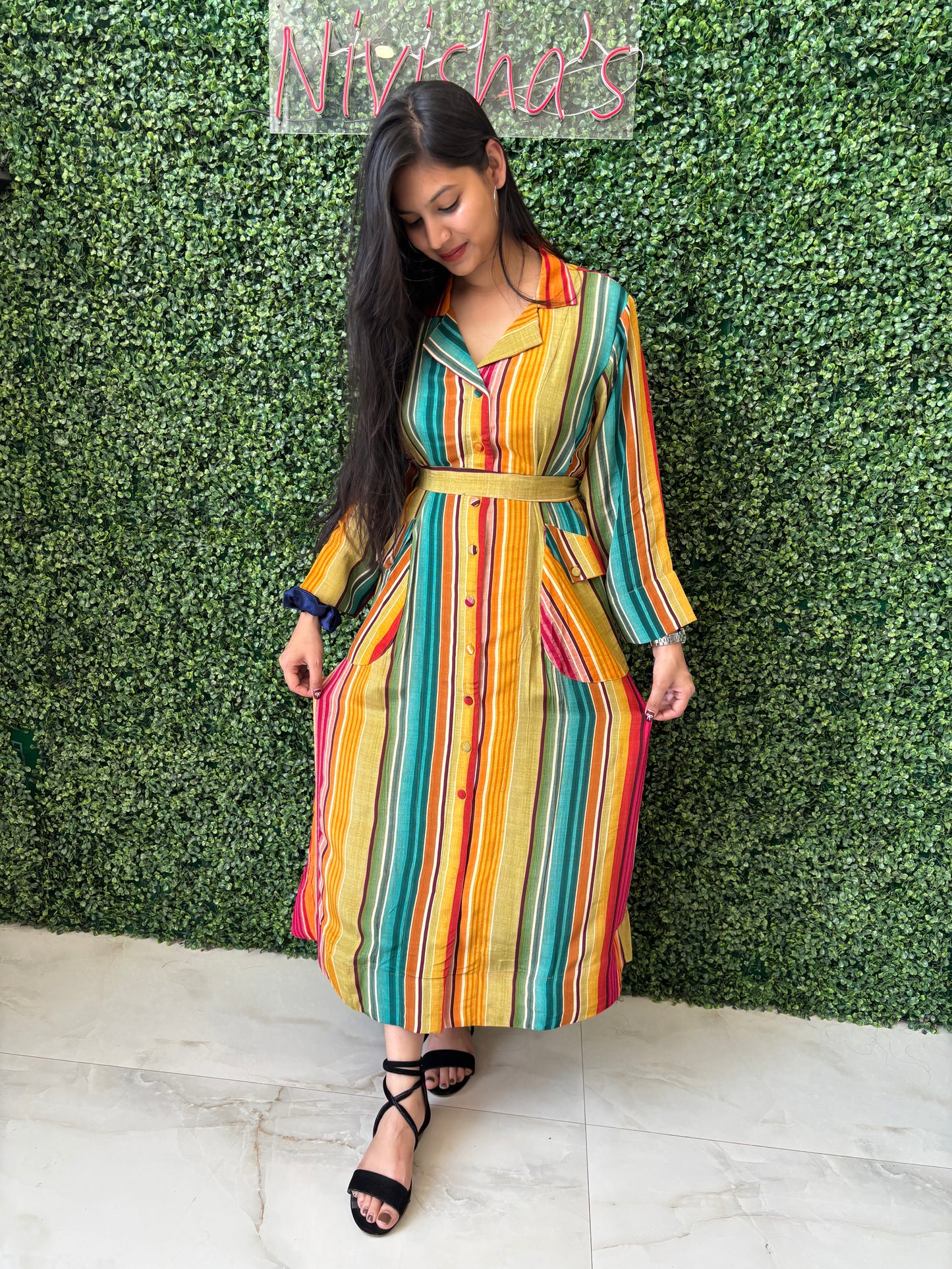 Marina – Multicolor Striped Belted Shirt Dress Nivishas - Sec46