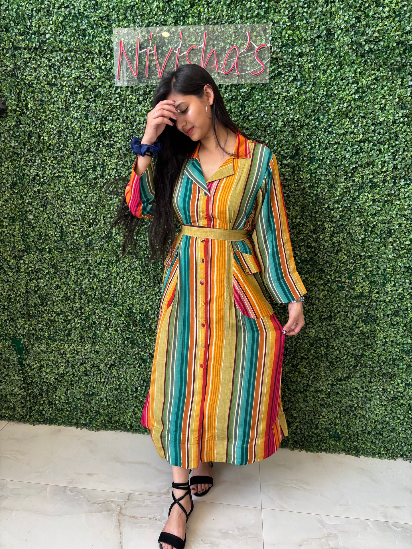 Marina – Multicolor Striped Belted Shirt Dress Nivishas - Sec46