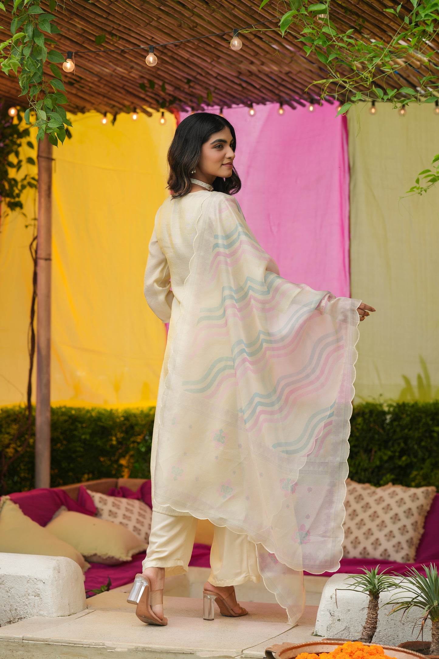 Ivory Blossom โ Embroidered Kurta Set with Pastel Striped Dupatta