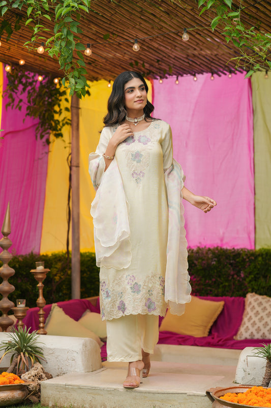 Ivory Blossom – Embroidered Kurta Set with Pastel Striped Dupatta