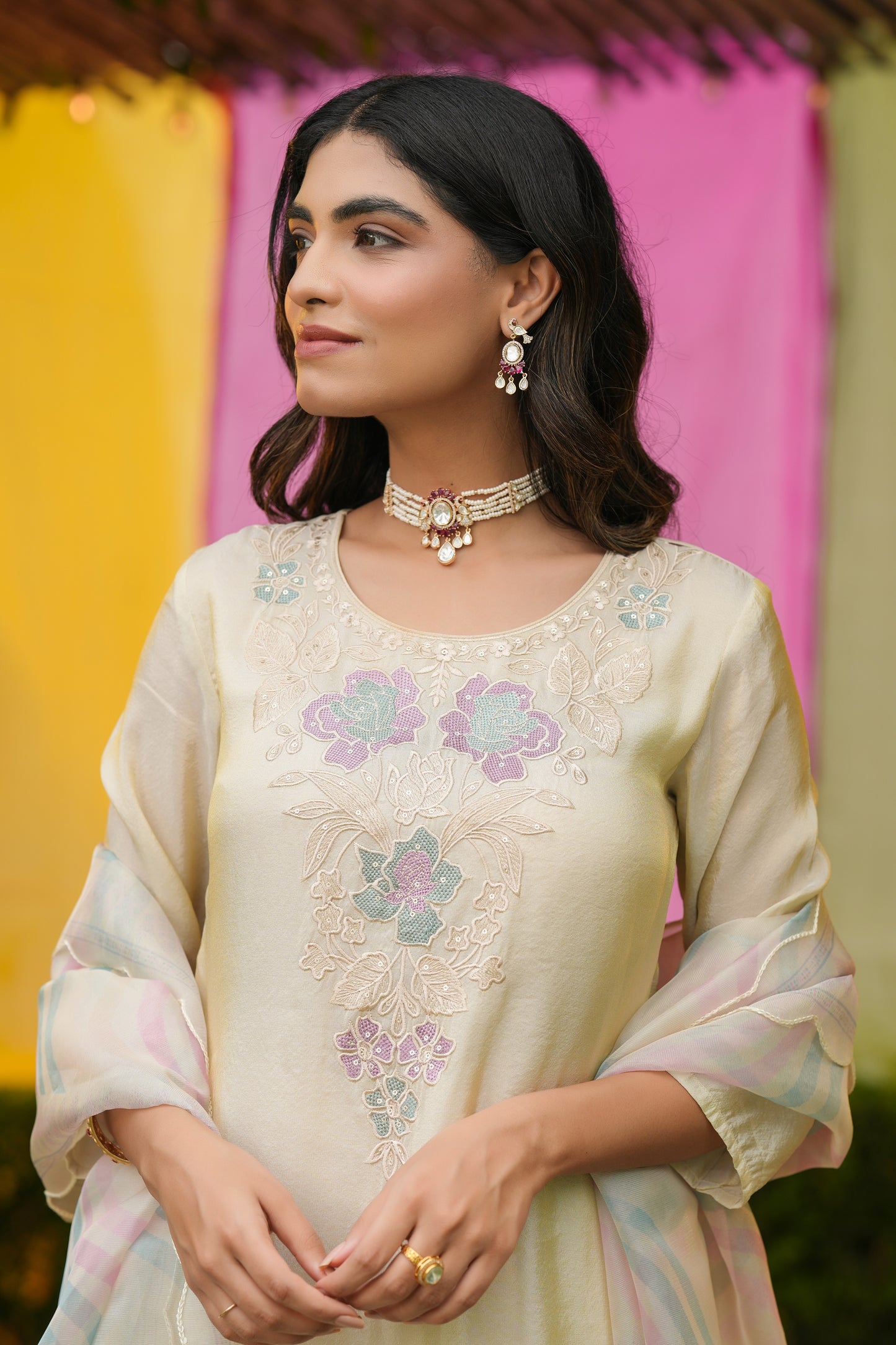 Ivory Blossom โ Embroidered Kurta Set with Pastel Striped Dupatta