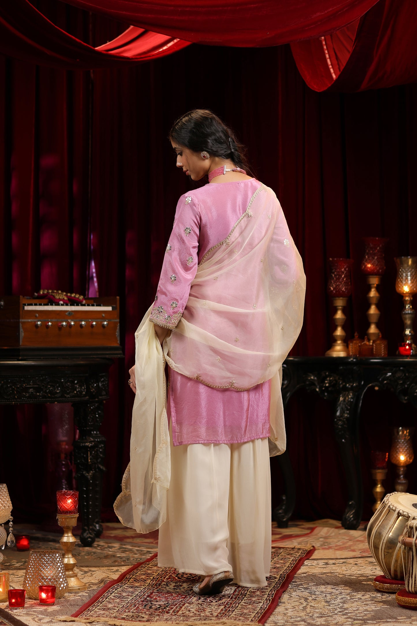Onion Bloom – Pastel Pink Embroidered Kurta with Ivory Sharara & Dupatta