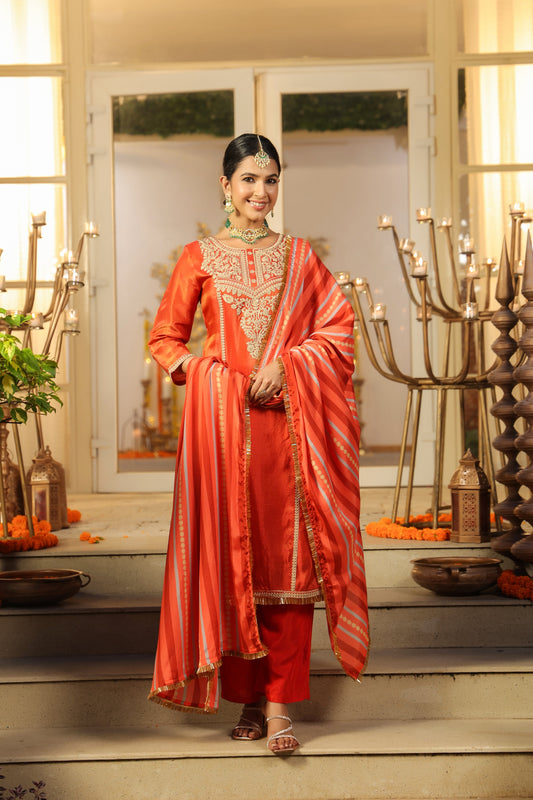 Royal Radiance – Rust Orange Embroidered Kurta Set with Striped Dupatta