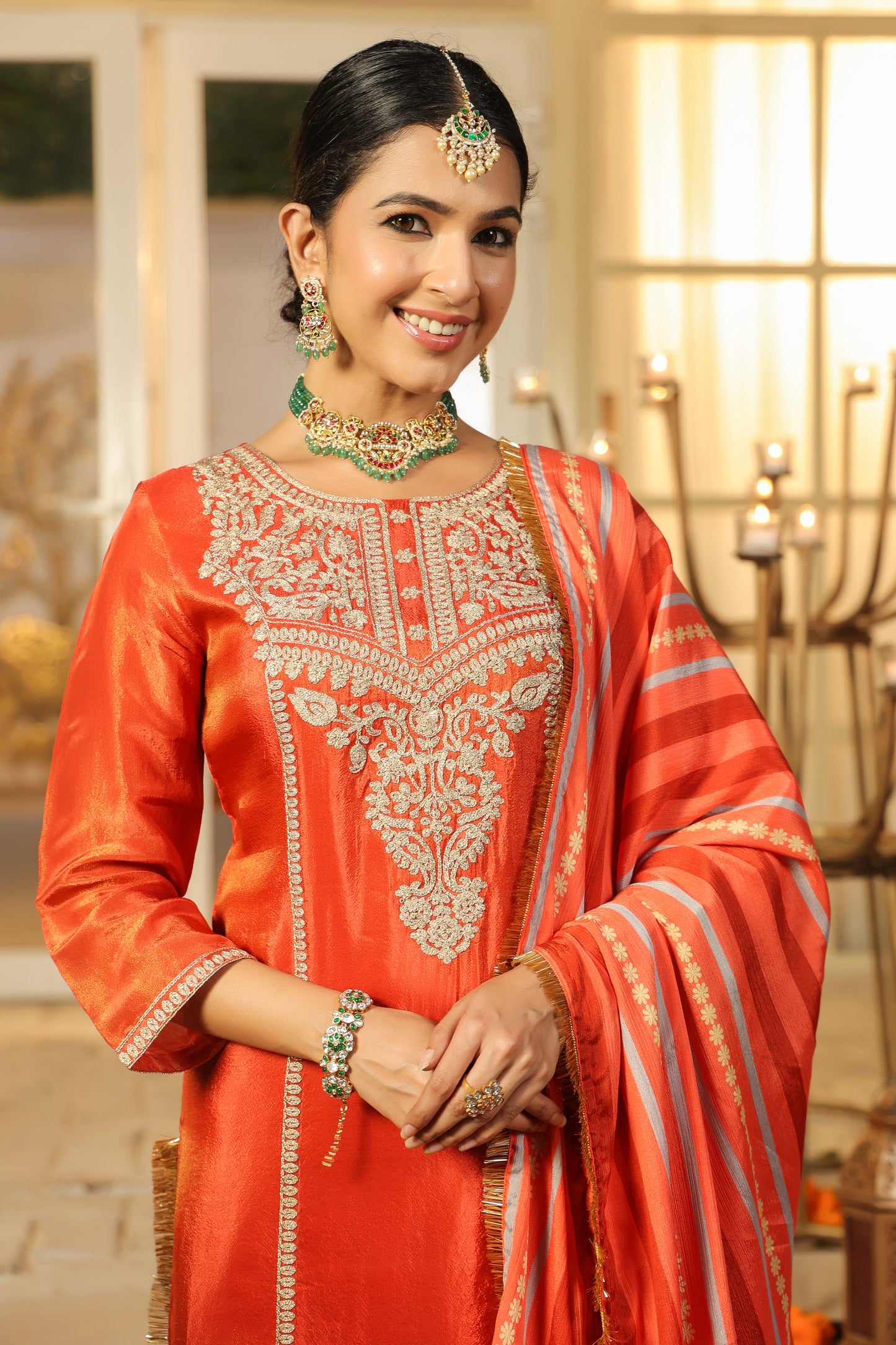 Royal Radiance – Rust Orange Embroidered Kurta Set with Striped Dupatta