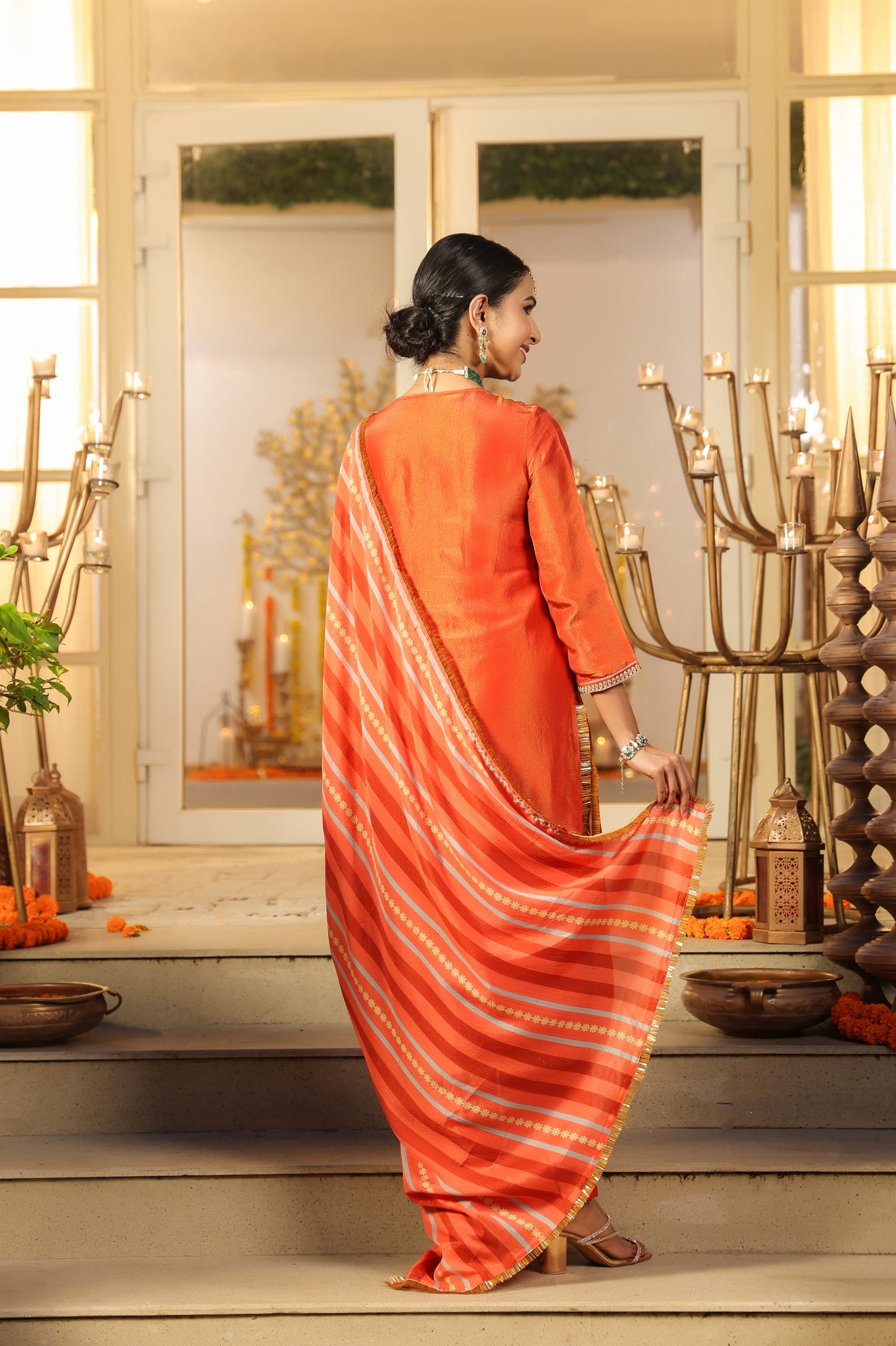Royal Radiance – Rust Orange Embroidered Kurta Set with Striped Dupatta