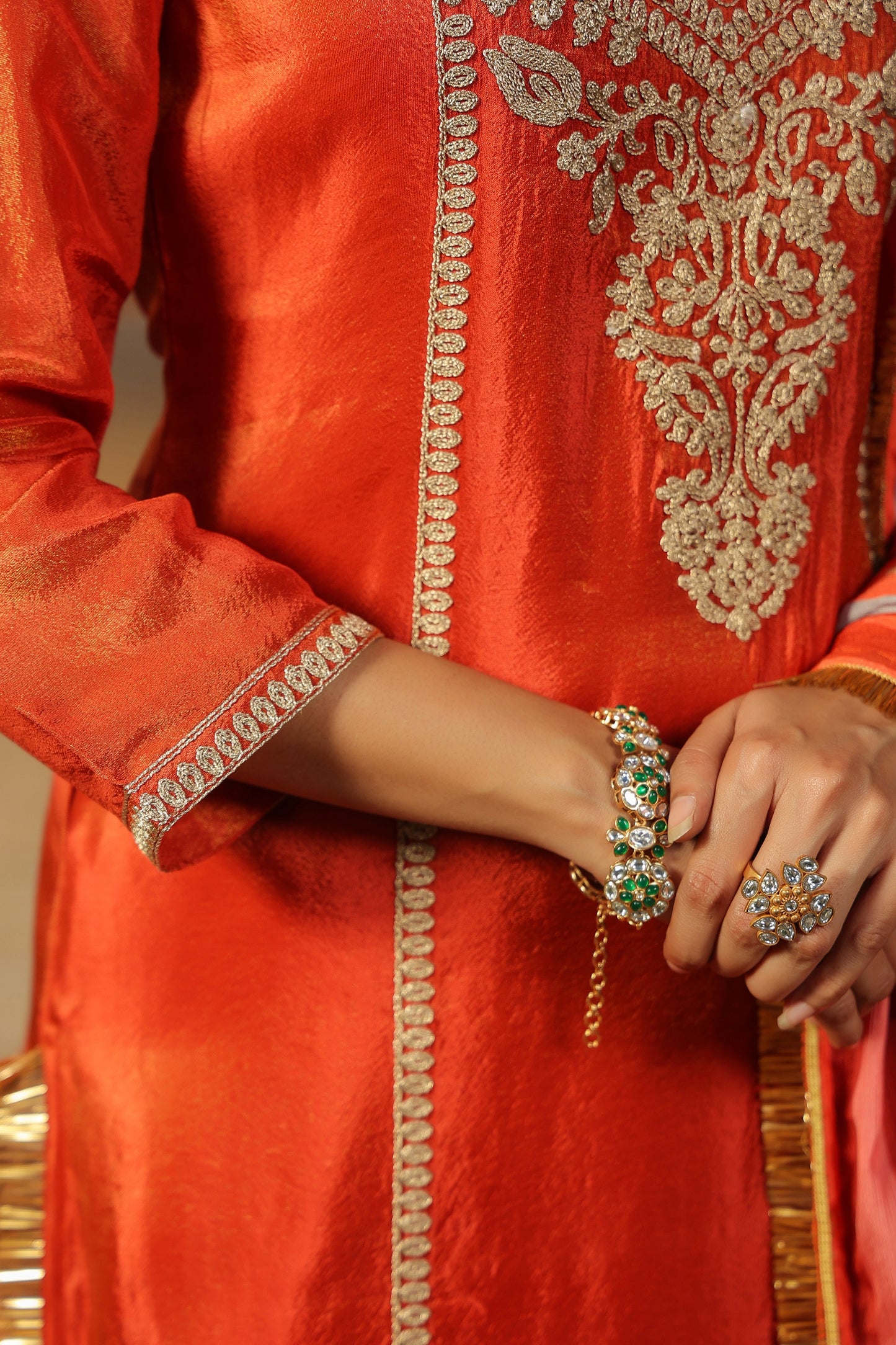 Royal Radiance – Rust Orange Embroidered Kurta Set with Striped Dupatta