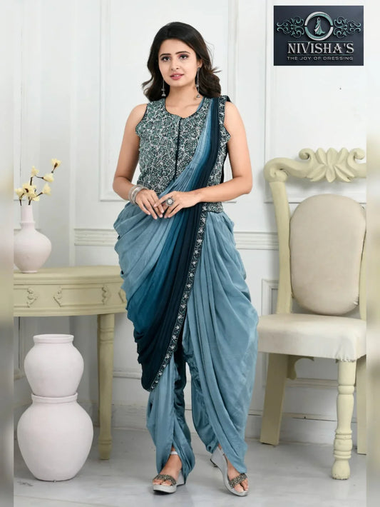 Azure Grace – Dual-Tone Blue Embellished Dhoti Saree Set Nivishas - Sec46